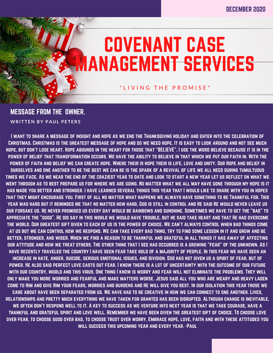 December Newsletter from Covenant Case Management Services